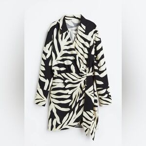 H&M tie-belt dress in black and a white leaf pattern